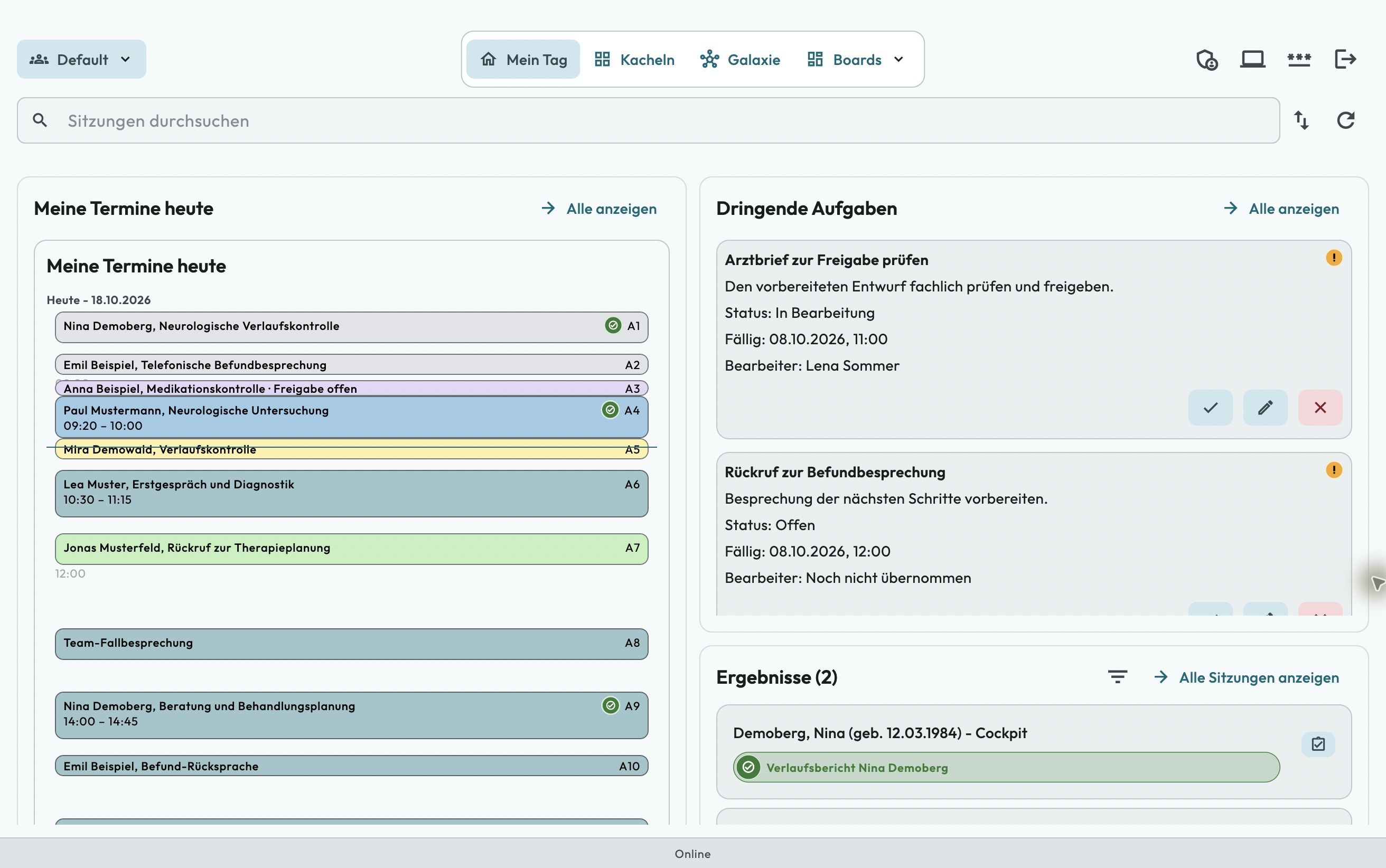 EfficiU Pulse on macOS with today’s demo appointments, workflow colours, tasks and an open patient session with a result