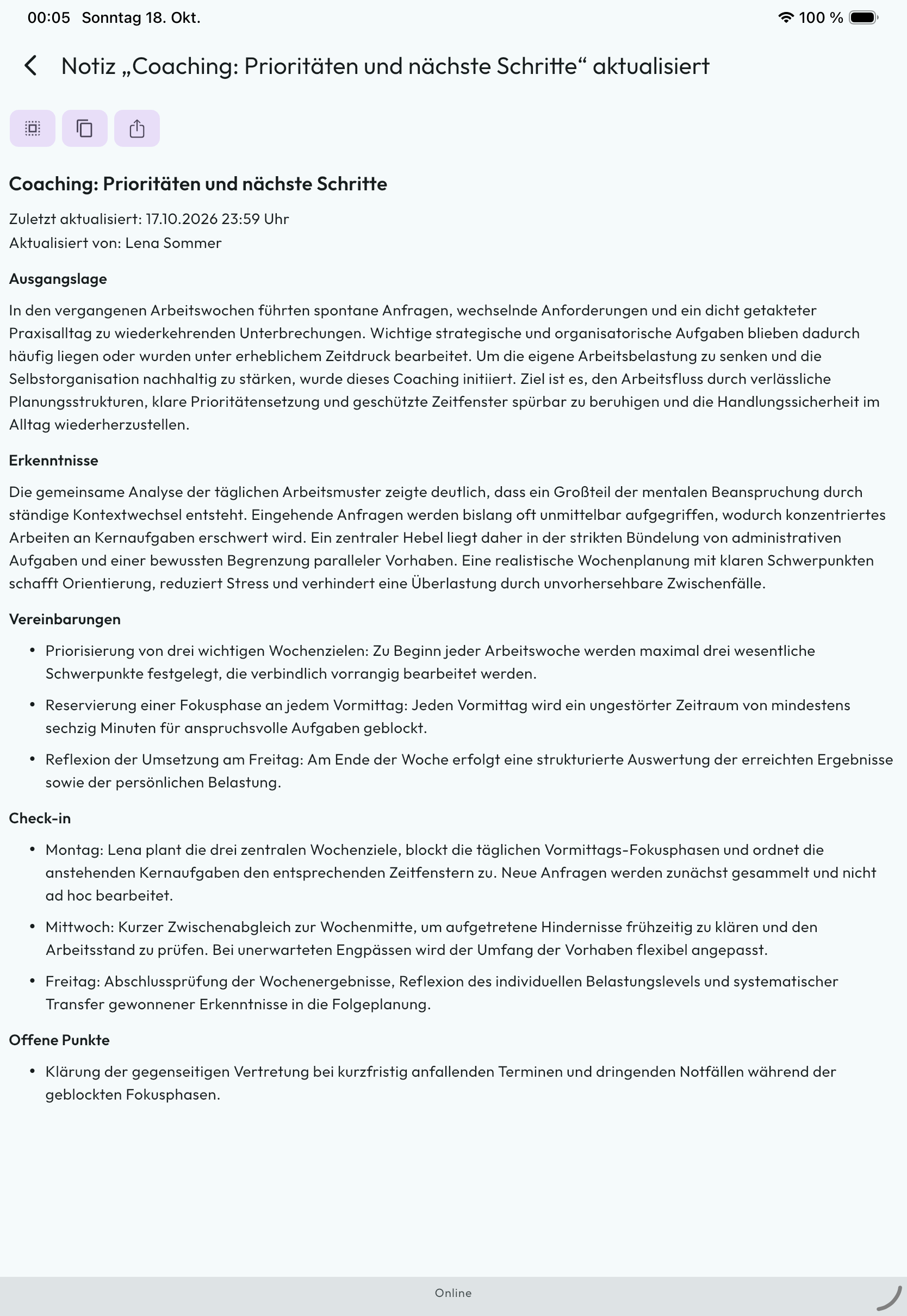 EfficiU Sessions on iPad with a saved coaching note and agreements from a synthetic conversation