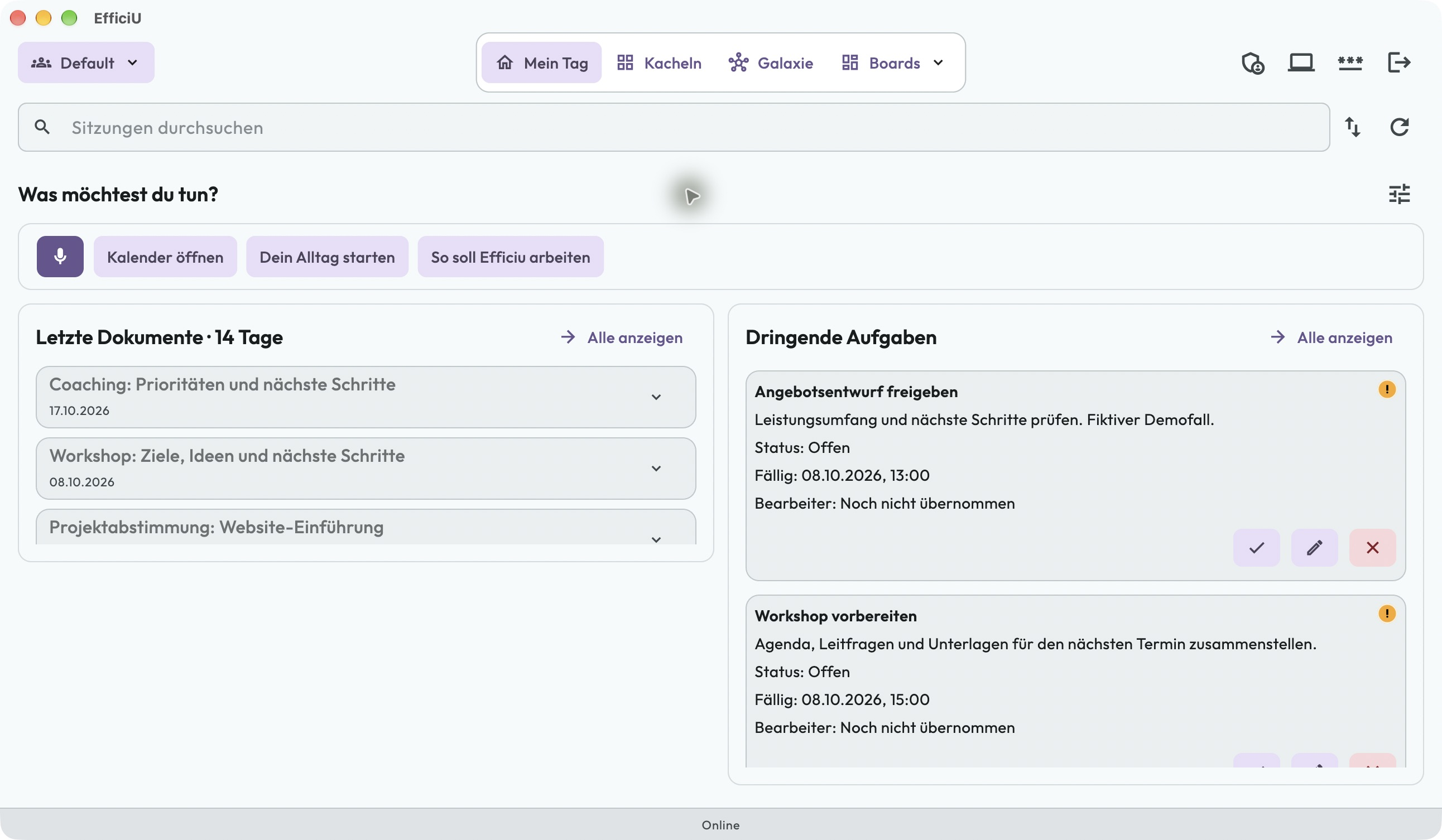 EfficiU Sessions on Mac with a prominent microphone shortcut, personal notes and synthetic professional tasks